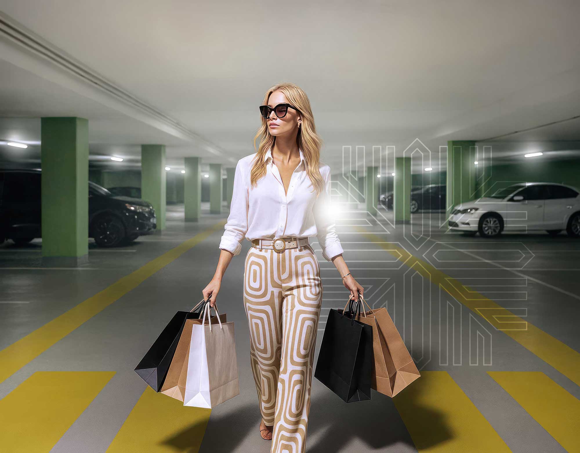 A woman in a white blouse and patterned pants carries shopping bags in a brightly lit parking garage.