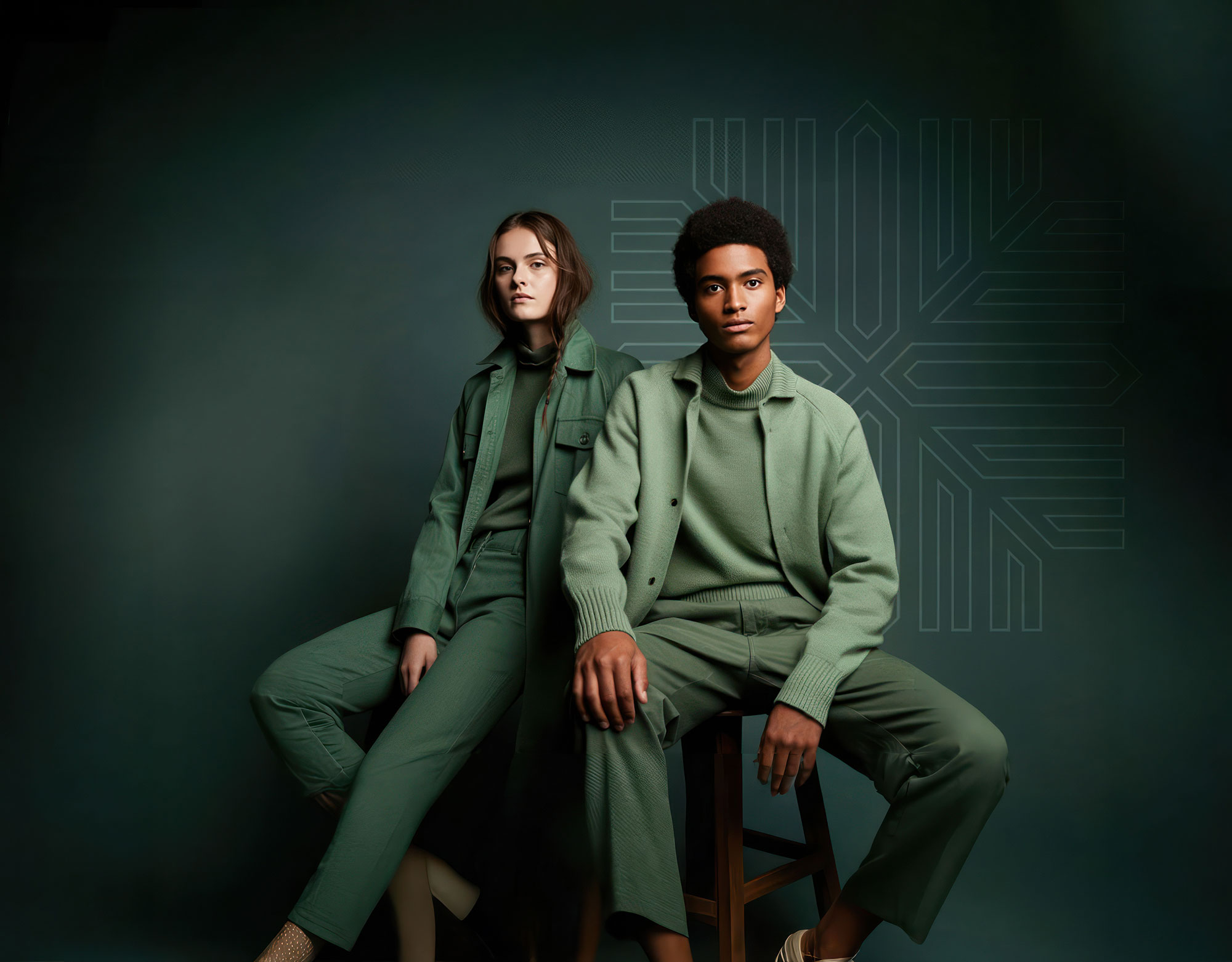 Two models in matching green outfits pose in front of a dark green background.