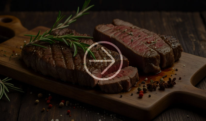 Sliced steak on a wooden board - Mini Chef