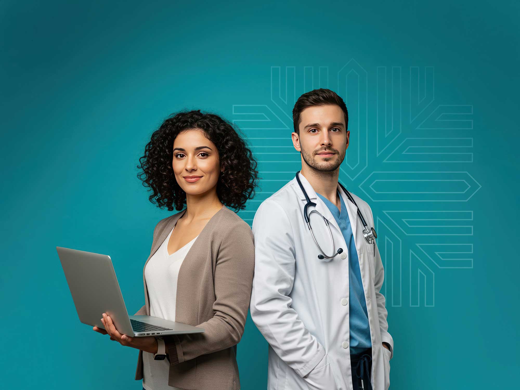 A woman holds a laptop next to a man wearing a white coat and stethoscope. Both pose in front of a bright turquoise background.