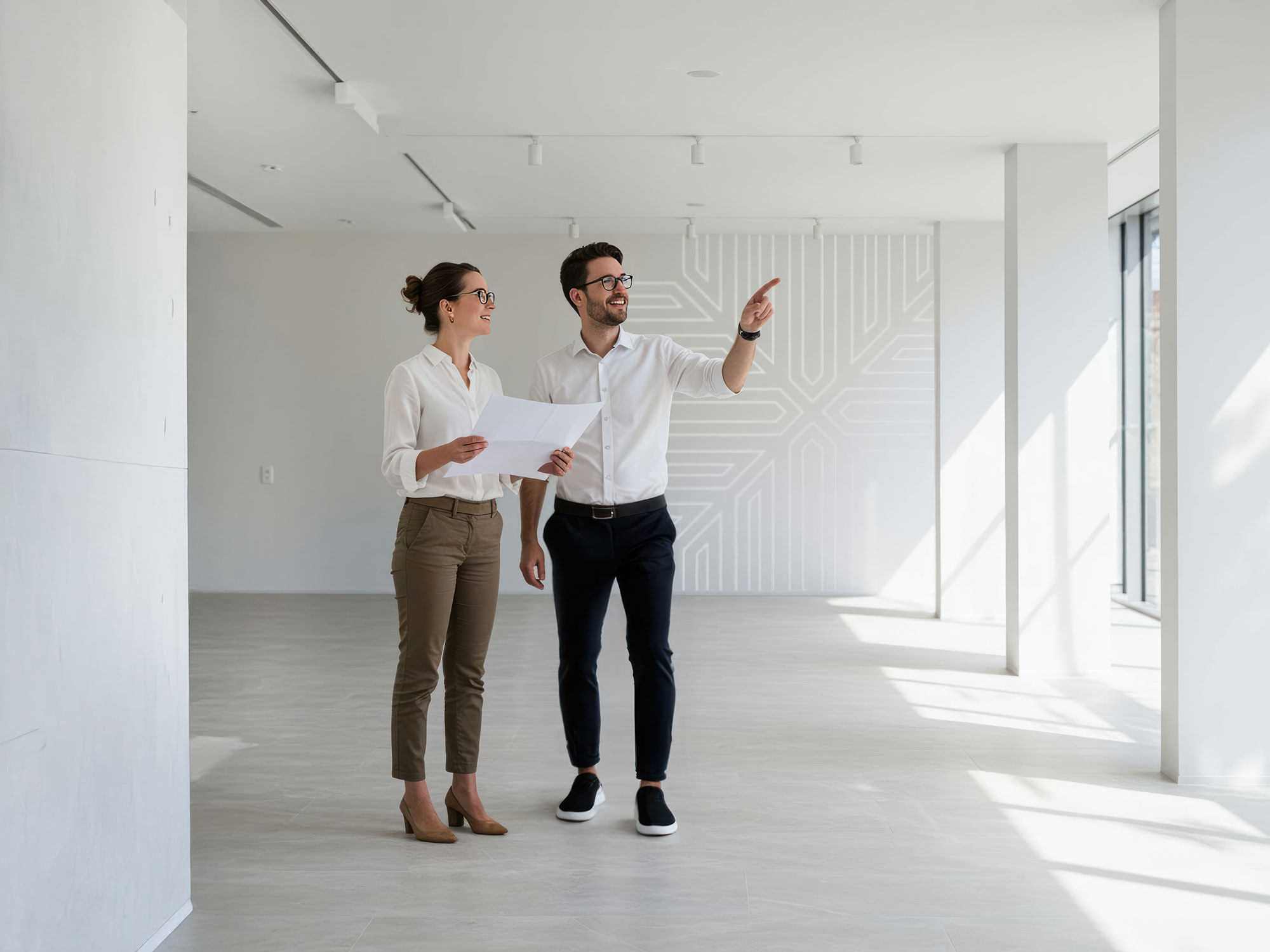 A man and a woman are standing in an empty office building or retail space.